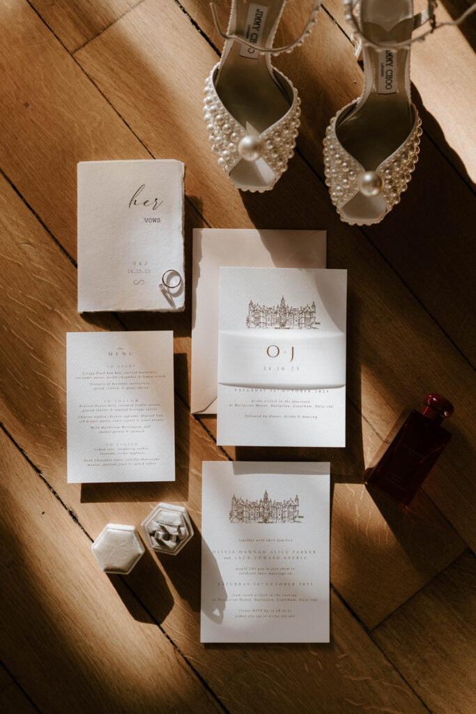 bridal flat lat with jimmy choo wedding shoes at harlaxton manor