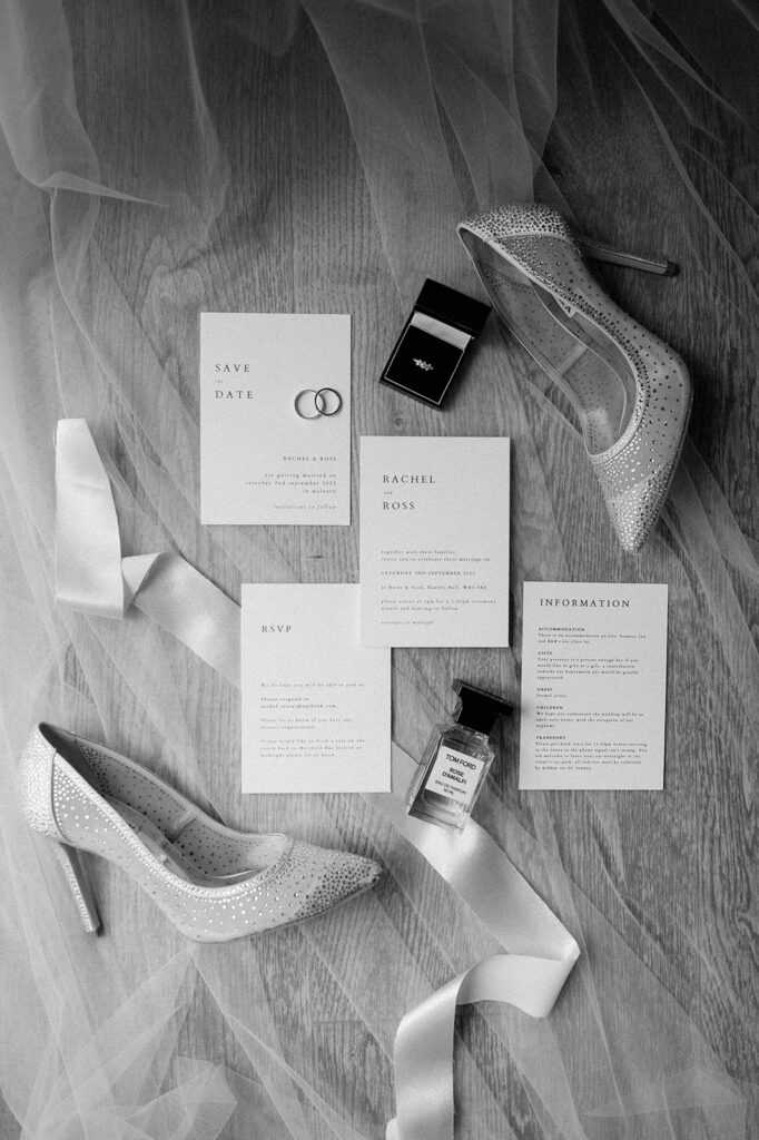 bridal flat lat with wedding shoes at barns and yard