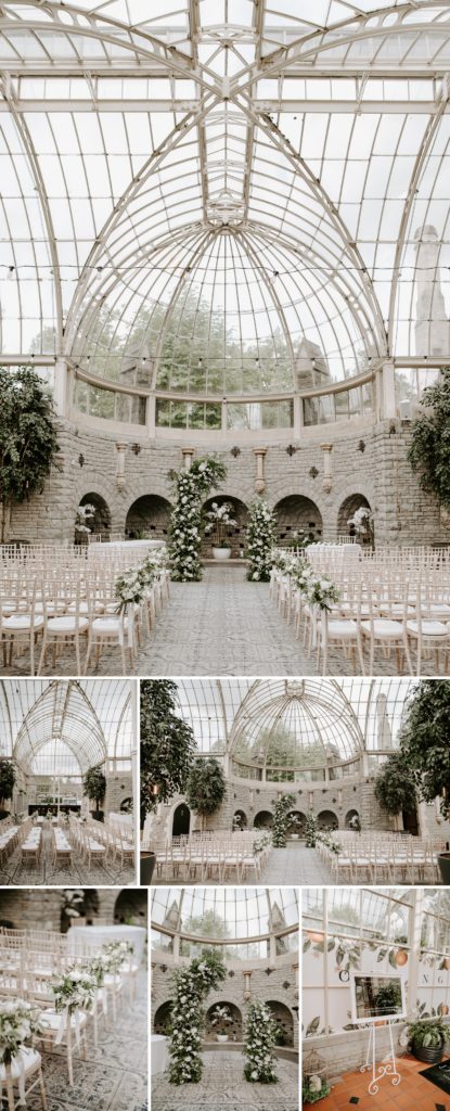 wedding ceremony with floral arch at Tortworth Court