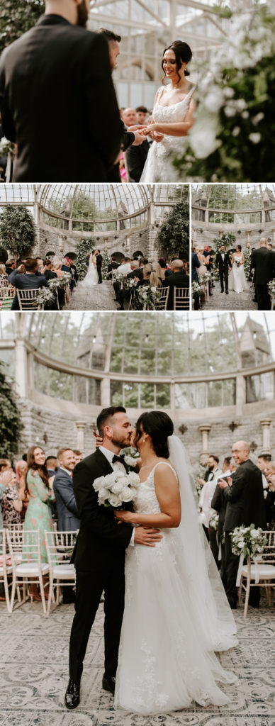wedding ceremony with floral arch at Tortworth Court