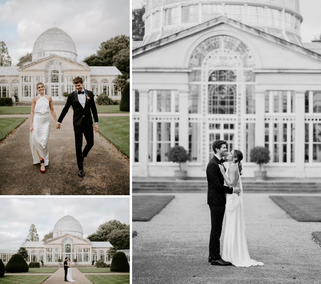 bride and groom walking in gardens outside syon park