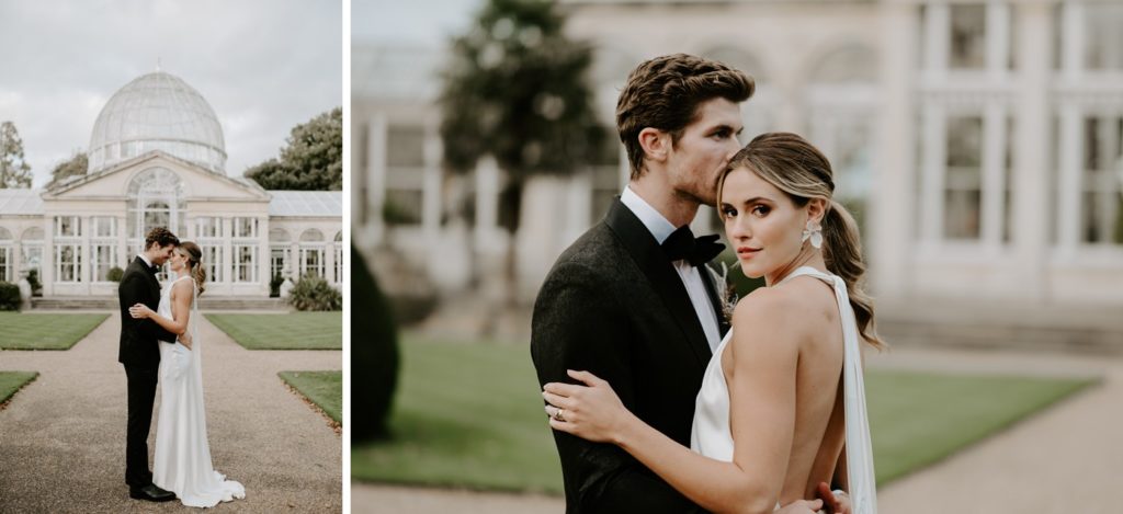 bride and groom in gardens outside syon park