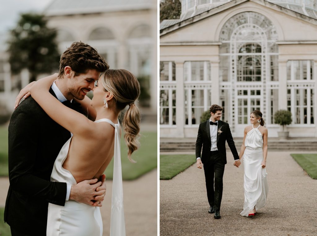 bride and groom in gardens outside syon park