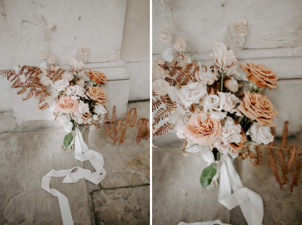 bridal bouquet with roses and dried florals