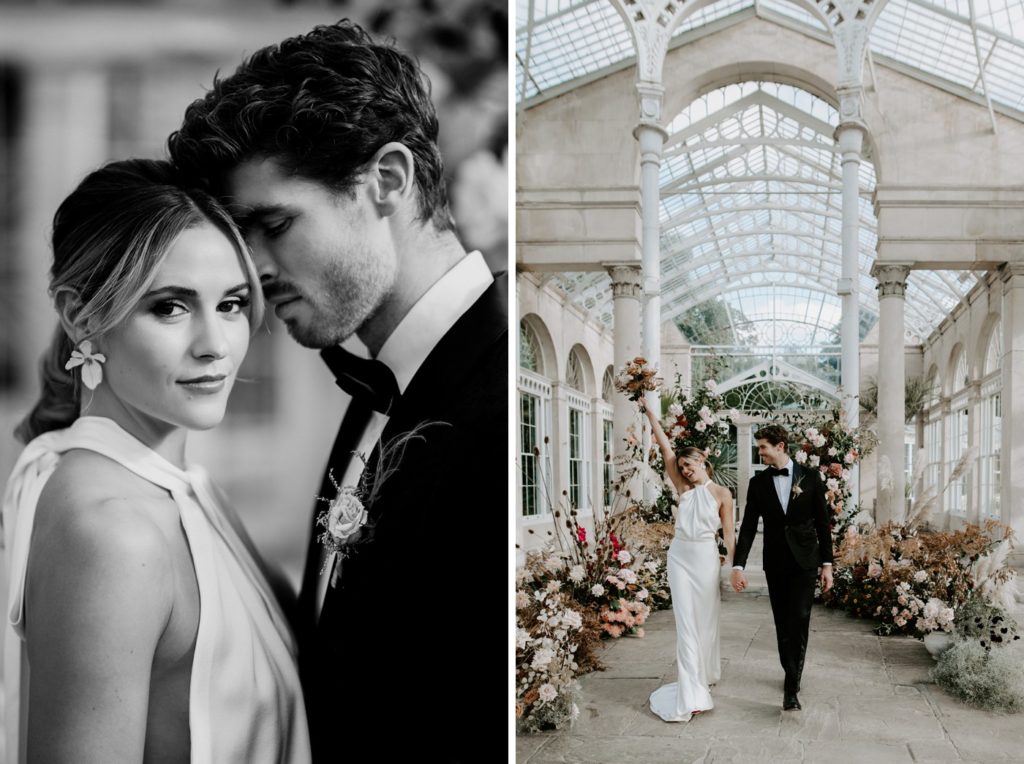 bride and groom in front of floral arch ceremony set up at syon park