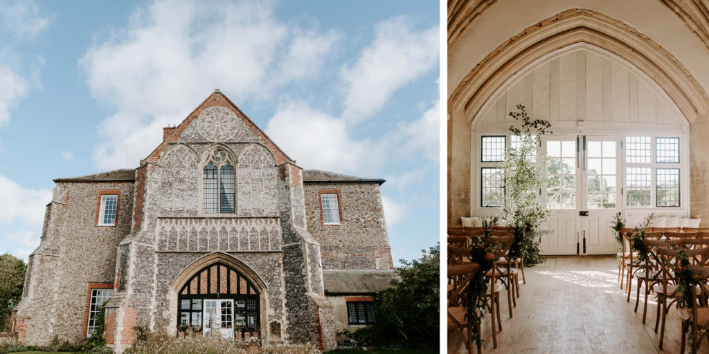 butley prioy wedding venue exterior and the great hall ceremony room