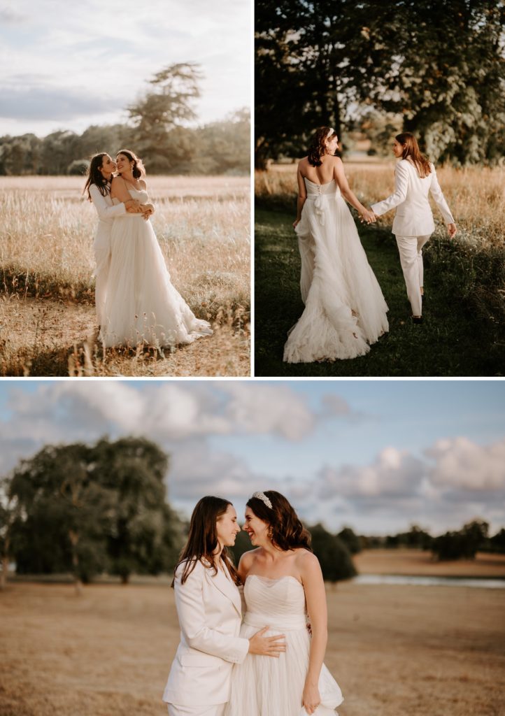 same sex female couple sibton park estate at the wilderness reserve suffolk at golden hour in field