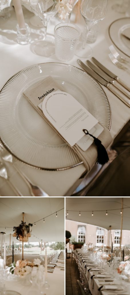 luxury wedding breakfast details boho luxe wedding with neutrals at sibton park estate outside orangery