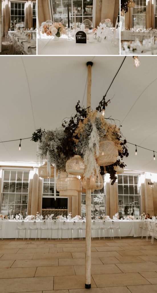 luxury wedding breakfast details boho luxe wedding with neutrals at sibton park estate outside orangery