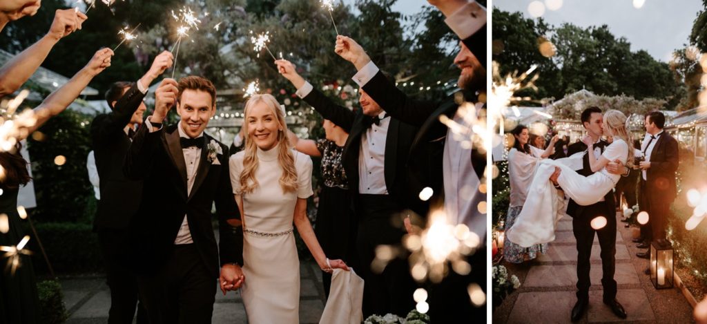 couple doing sparkler exit at West Green house gardens