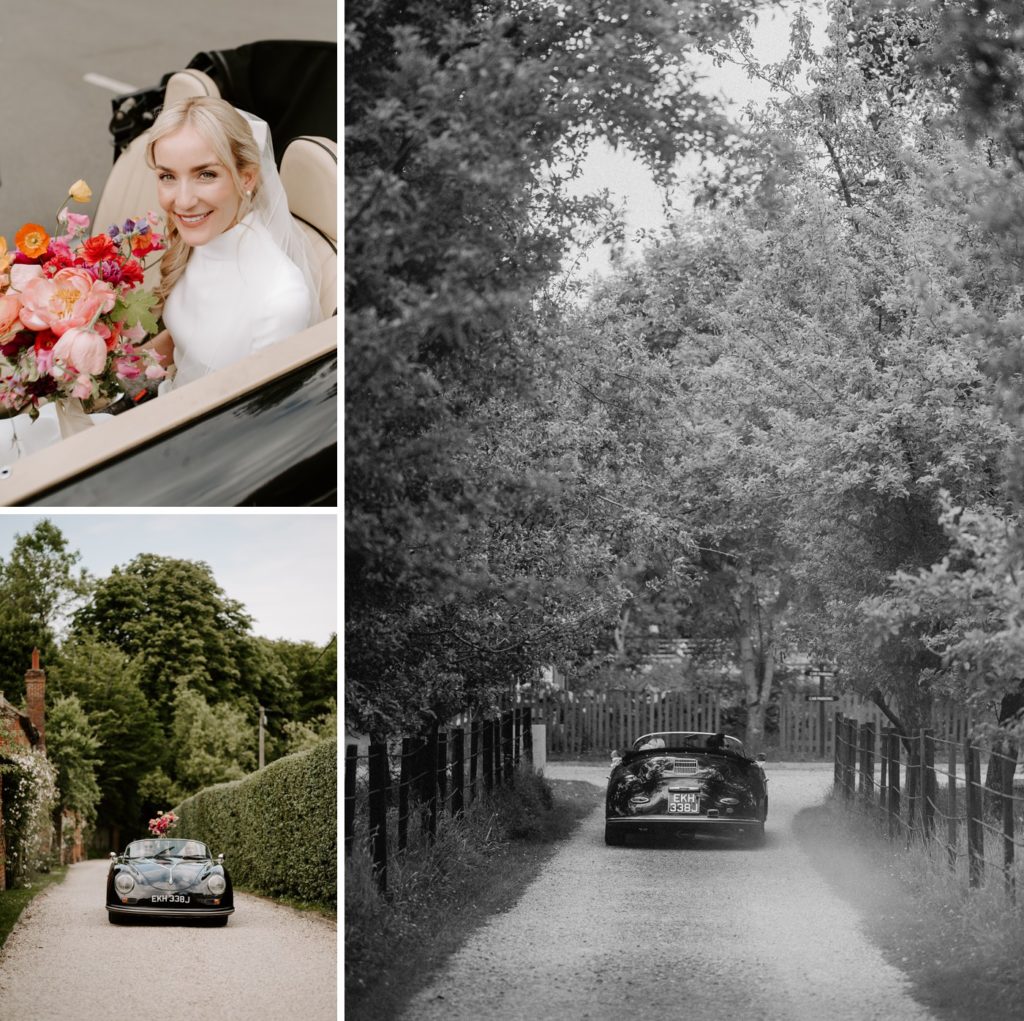 bride and groom on way to reception in vintage car
