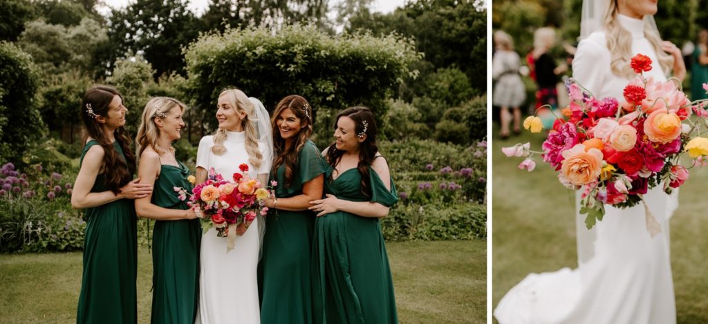 bridesmaids and bride in gardens of West Green house wedding venue