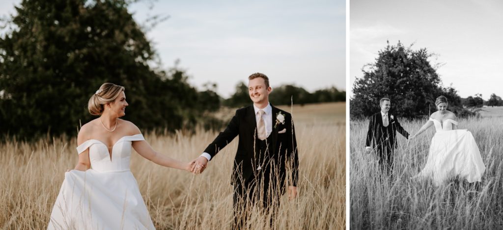 bride and groom walking through field