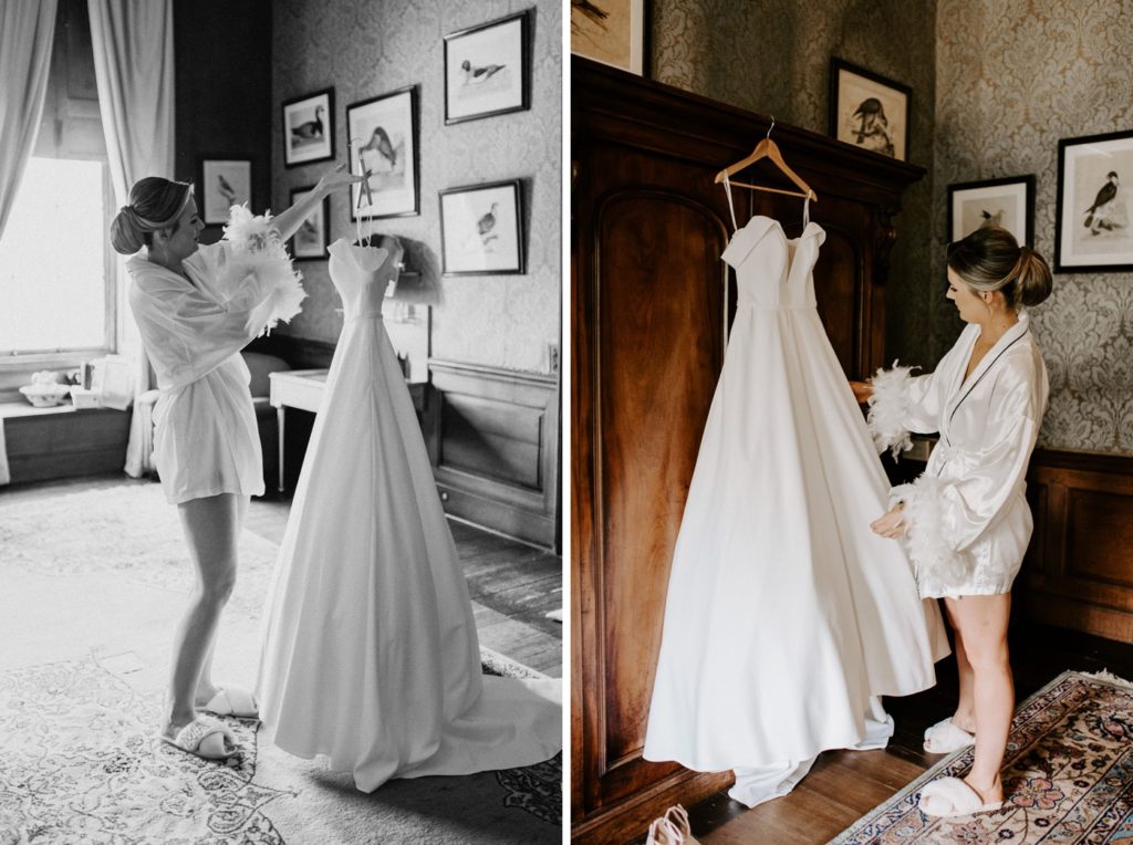 bride playing with wedding dress at glemham hall Suffolk wedding venue
