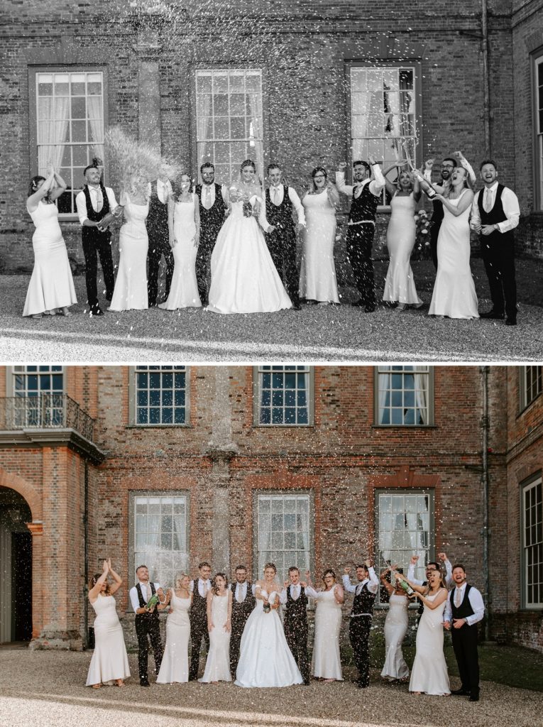 bridal party doing champagne spray