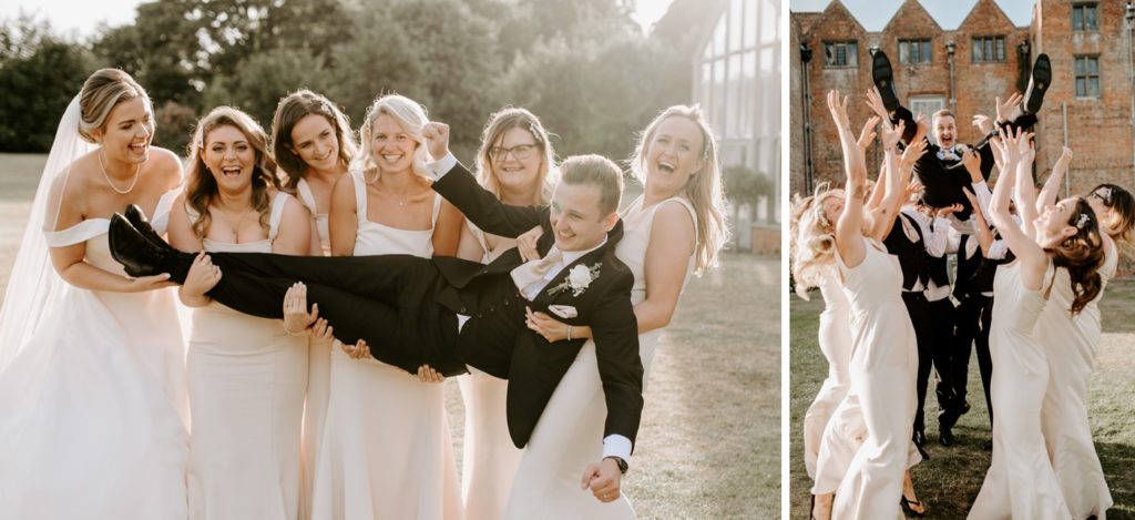 bridesmaids picking up groom and throwing him in the air