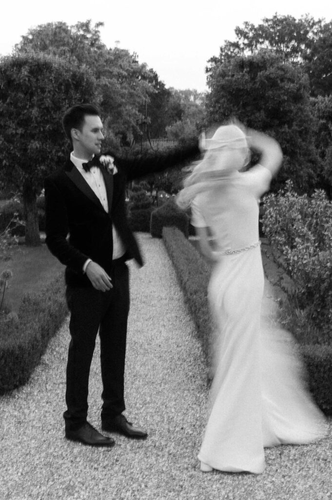 bride and groom dancing with motion blur in Hampshire wedding venue