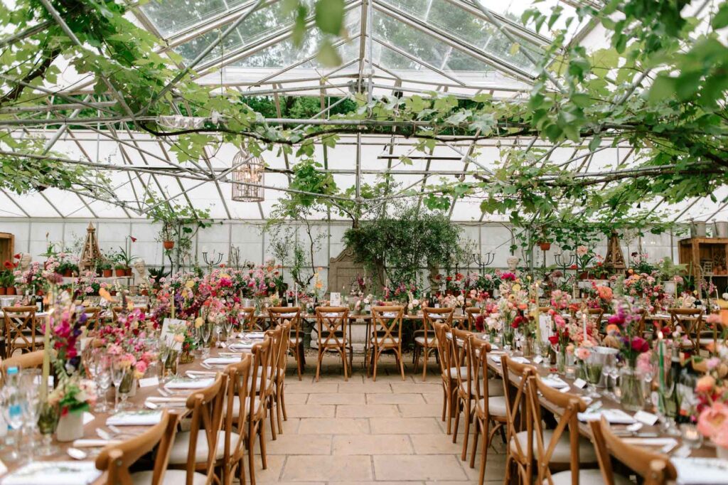 wedding reception table set up at West Green house gardens