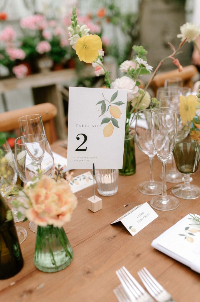 wedding table numbers at West Green house gardens on long tables