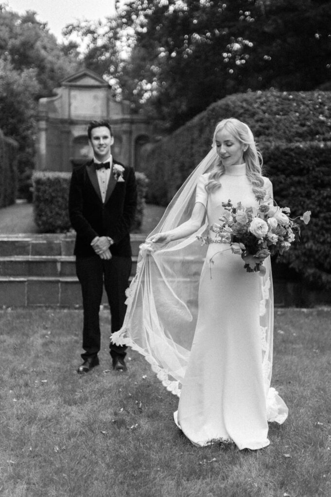 bride and groom editorial wedding portrait at West Green house gardens