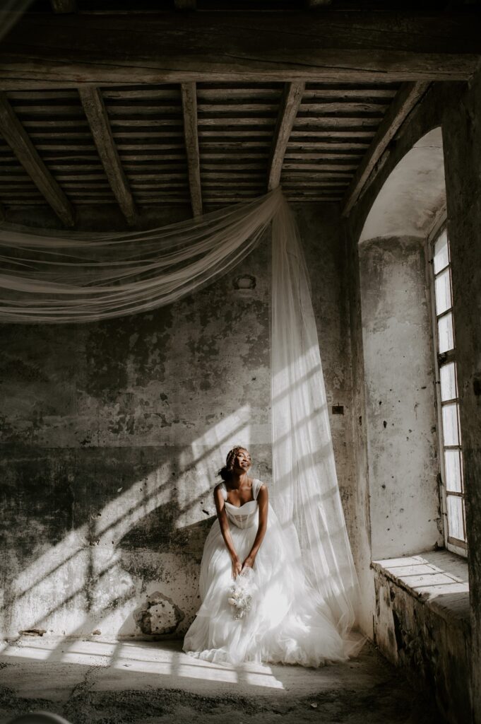 bride wearing vera wang wedding dress at Colonia Rusinol barcelona wedding venue