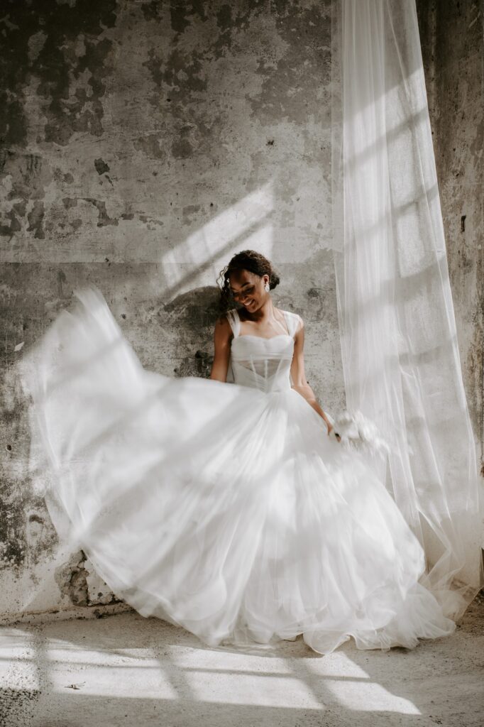 bride wearing vera wang wedding dress at Colonia Rusinol barcelona wedding venue