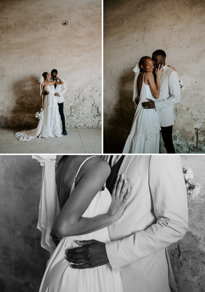 couple inside against industrial brick wall at Colonia Rusinol
