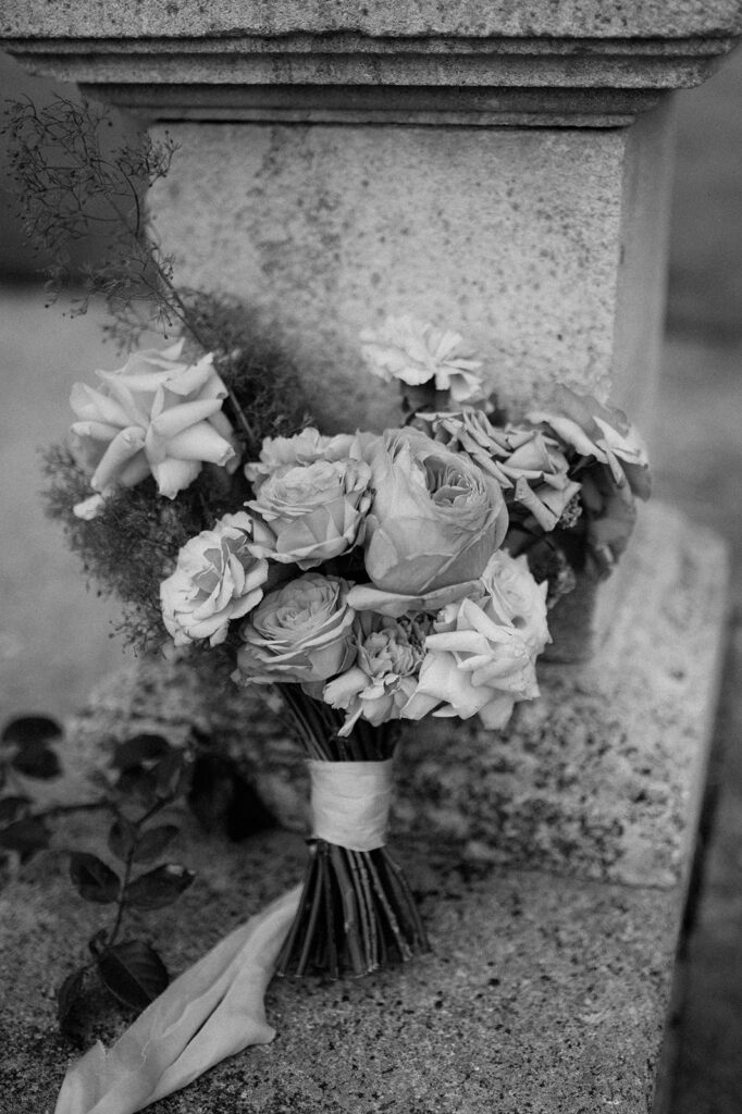 spring floral wedding bouquet with peonies and roses at euridge manor