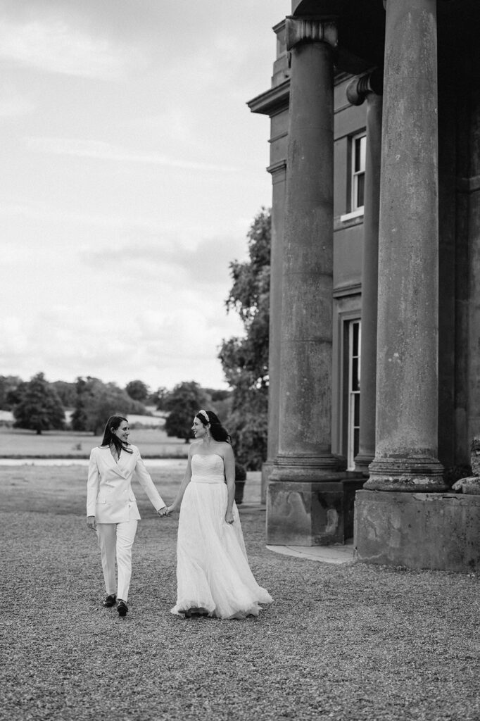 brides walking outside sibton park
