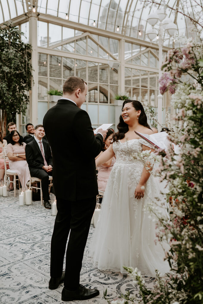 bride and groom saying personal vows at tortworth court 