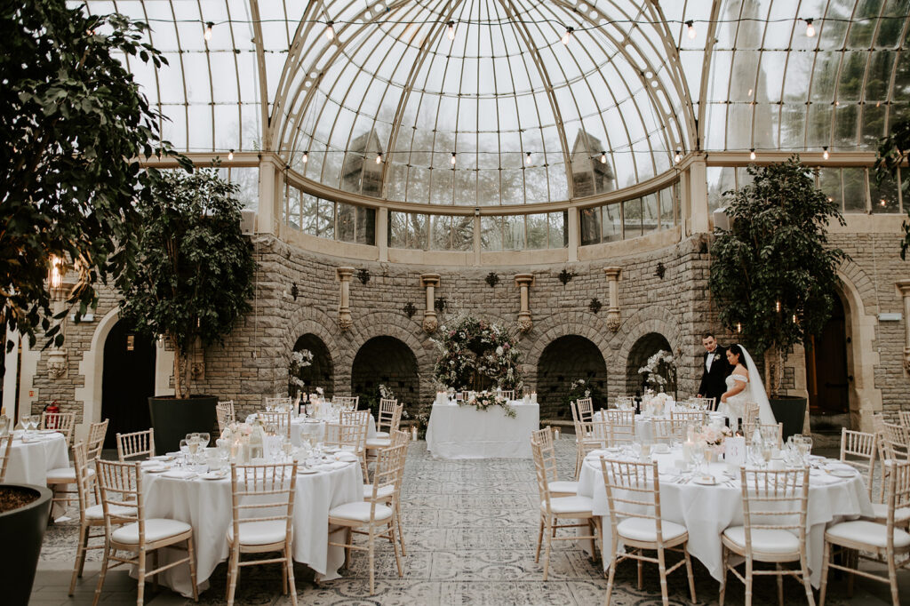 wedding breakfast set up in orangery at tortworth court