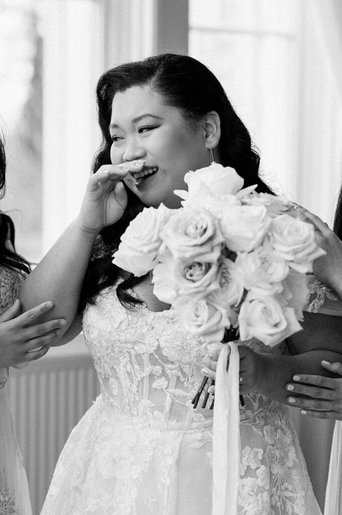 bride tearing up at tortworth court