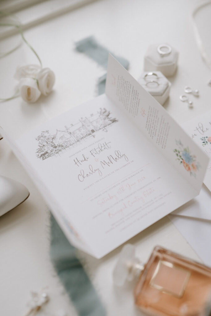 Flat lay of wedding stationery and details