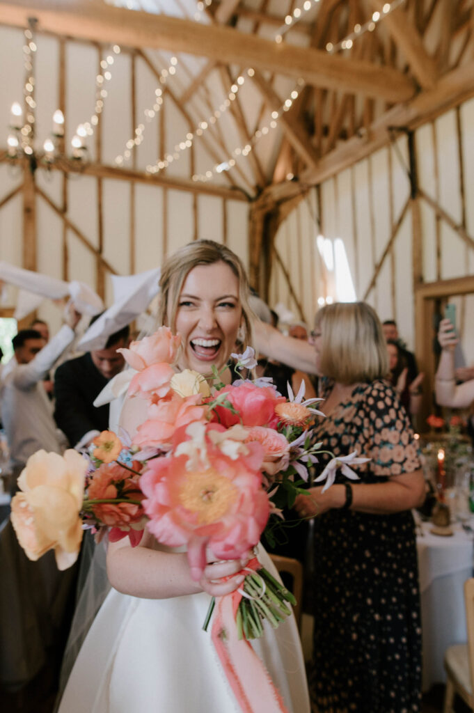 bride walking into reception room at bruisyard hall