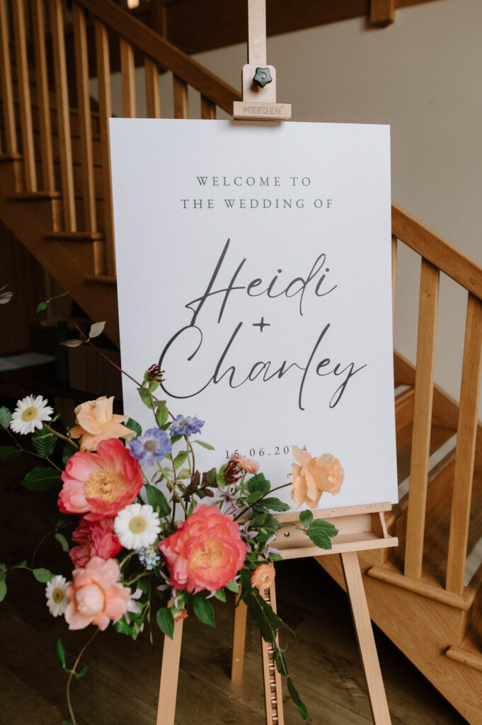 Welcome sign for Heidi and Charley’s wedding displayed inside Bruisyard Hall